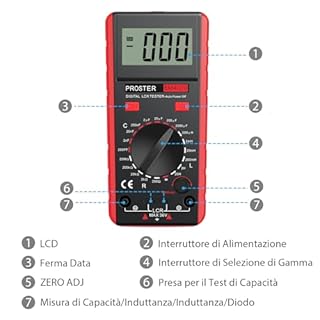 Proster LCR Meter Digitale, Tester Capacità, Induttanza e Resistenza con Display LCD, Clip a Coccodrillo, Borsa da Trasporto, Alimentato da Batteria Accessori per Professionisti e Studenti Rosso