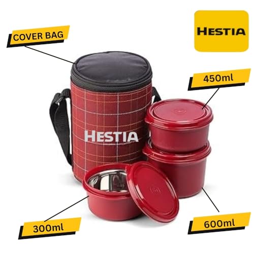 Image of Stainless Steel Lunch Box with Bag (400ml, 600ml, 250ml) | Microwave Safe Office Lunch Box with Bag | 3 Containers Tiffin Box Set for Office, School & Travel (Red)