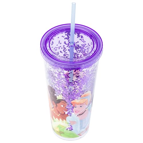 Image of Silver Buffalo Disney Princesses, Plastic Cold Cup, 32oz | Ariel, Cinderella, Tiana, Rapunzel and Jasmine, Confetti, Lid and Straw, 0.95 Liters