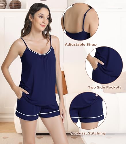 Image of NACHILA Pajamas Set for Women-Viscose Made from Bamboo, Sleeveless Sleepwear Cami Pajamas Shorts Sets Camisole Pjs Nightwear