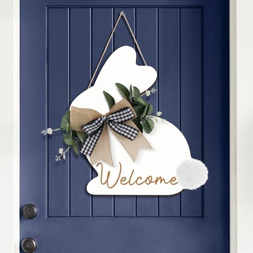 Easter Decorations Door Hanging Sign Wreath Welcome Rustic Bunny with Bow Leaves Happy Easter Wooden Door Sign Easter Bunny Wreath Sign for Easter Tree Door Wall Party Supplies