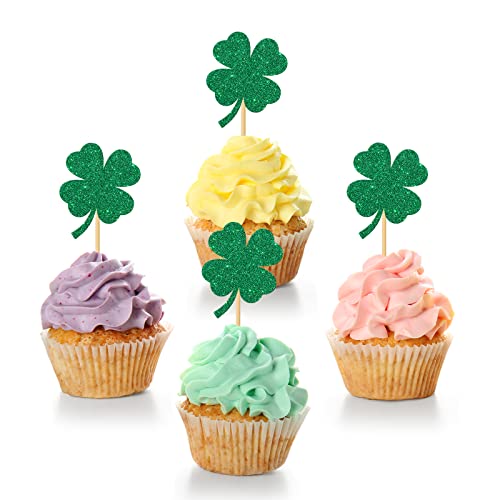 24 Pcs Four Leaf Clover Cupcake Toppers / Lucky Festival Cupcake Toppers / Baby Shower / St. Patrick's Day Party Birthday Party Cupcake Decorations / Green Glitter #TOP30
