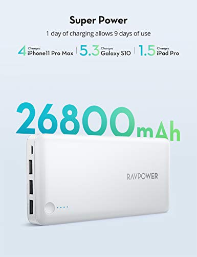 Portable Charger RAVPower 26800mAh Power Bank Battery Pack Tri-Output External Battery Pack Cell Phone Charger Compatible with iPhone 12 Mini Pro Max 11 SE iPad Pro Samsung Galaxy S20 (White), RP-PB41