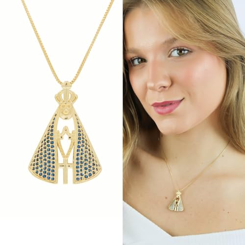 Colar Nossa Senhora Aparecida com Manto Azul Grande Banhado a Ouro 18k – Semi Joia Elegante e Religi