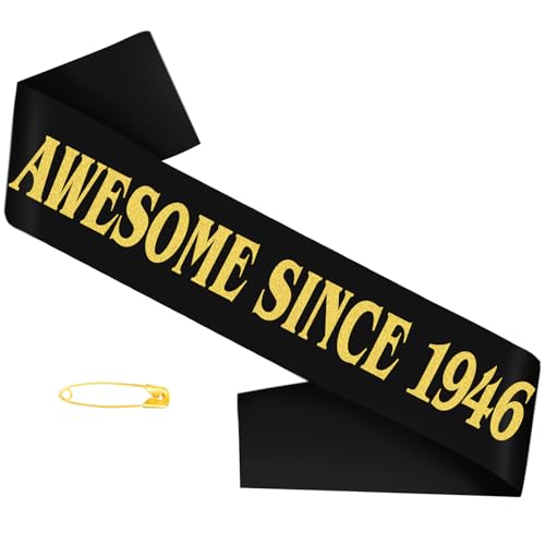 Awesome Since 1946 Sash - Black Gold 80th Birthday Sash and 80th Anniversary Sashes, Cheers to 80 Years Sashes Decorations for 80 Birthday and Anniversary Party Supplies, Sign, Ideas(35.4x3.74 inch)