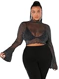 Floerns Women's Long Sleeves Mesh Sheer Mock Neck Crop Tops Tee Black Glitter L