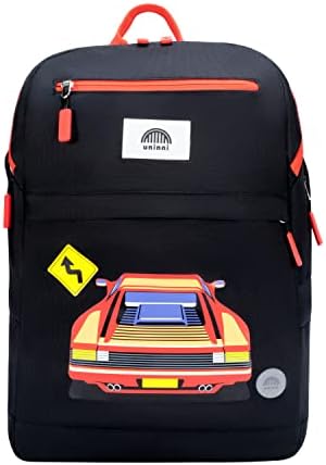 uninni 16" Kid's Backpack for Girls and Boys Age 6+ with Padded, and Adjustable Shoulder Straps. Fits for Height 3'9" Above Kids (Race Car Black/Red)