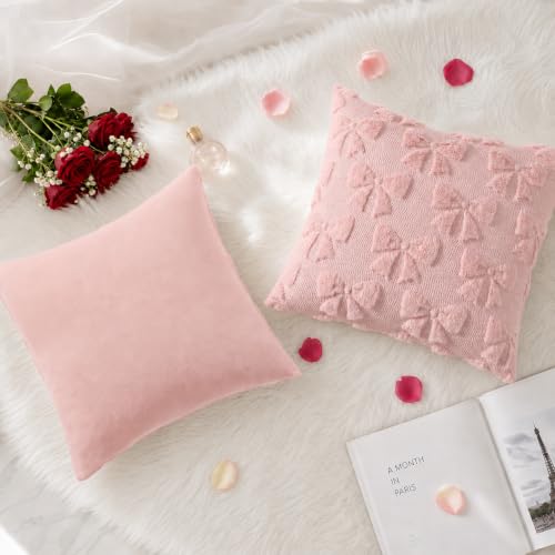 Image of decorUhome Pink Bow Pillow Covers Set of 2 Coquette Aesthetic Cute Preppy Plush Faux Pillowcases for Girly Bedroom or Couch 20x20 Inch