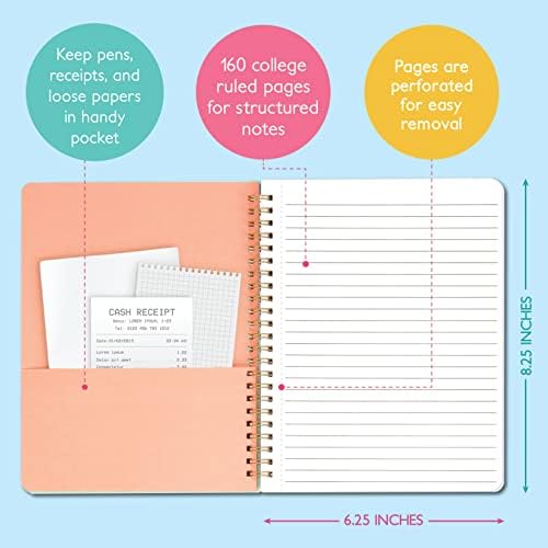 S&O Cute Spiral Notebooks - 6.25x8.25" - College Ruled Spiral Notebook with Pockets - Hardcover Notebook for Women - 160 Pages - Cute Notebooks for School & Journal - Stripes Notebook