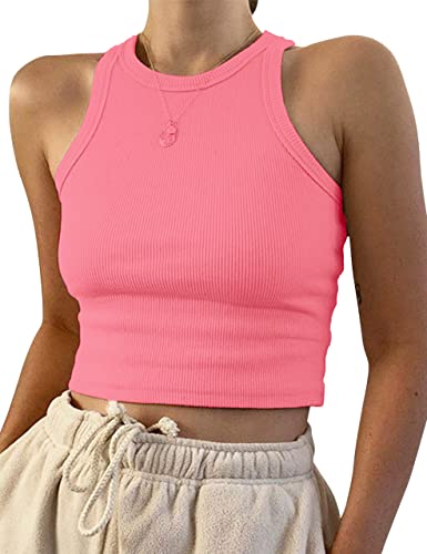 KAMISSY Top básico de cuello redondo para mujer, Rosado Melocotón, Large