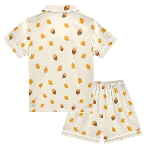 Cartoon Acorns Summer Satin Pajama Set, Cute Button-Down Sleepwear Pj Set for Sleep Wears2