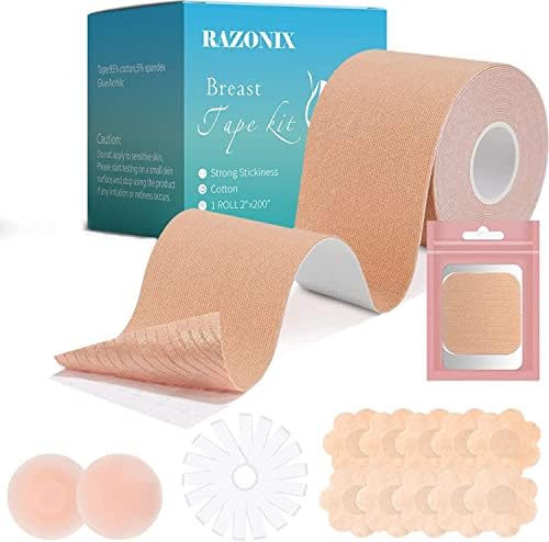 Boob Tape,Breast Lift Tape 3 inch Wide,Waterproof & Sweatproof Body Tape for Breast Lift,1 Breast Lift Tape, 5 Pairs Satin Breast Petals, 1 Pair Silicone Nipple Stickers