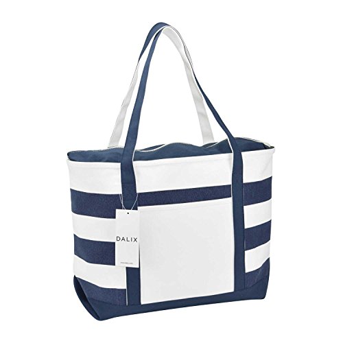 Bolso tipo tote de lona algodón rayada azul marino miniatura 6