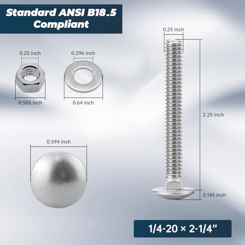 Image of 1 /4-20 x 2-1 /4 Inch Carriage Bolt Kit, 304 Stainless Steel (18-8) with Hex Nuts & Flat Washers - 10 Sets, Round Head Square Neck, Full Thread Coverage by Glvaner