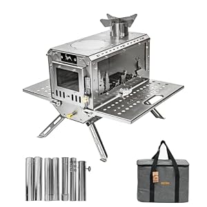 TOMOUNT Hot Tent Stove,Wood Stove with 7 Chimney Pipes,304 Stainless Camping Tent Stove with Spark Damper, Wood Burning Stove for Cooking and Heating，with heat-resistant Glass Window