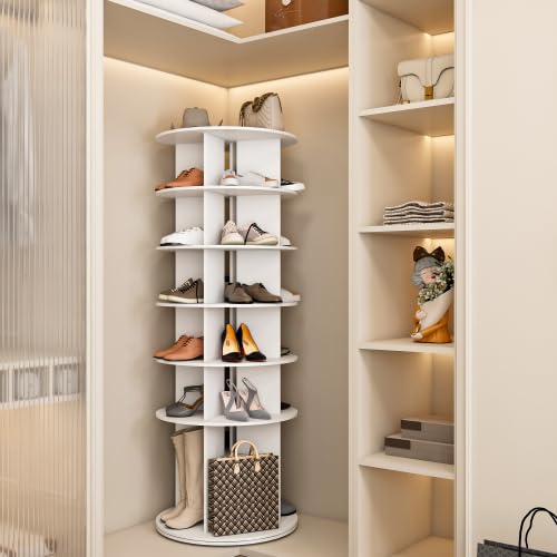 Image of Rotating Shoe Rack Tower, 7-Tier Spinning Storage Rack, Free Standing 360 Revolving Shoe Organizer, Holds 28 Pairs of Shoes (6-Tier White)
