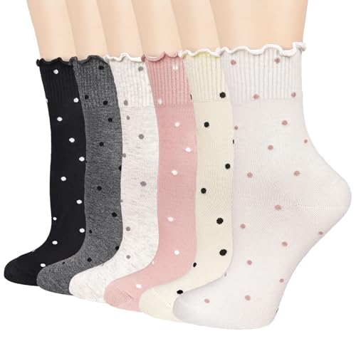Mcool Mary 6 Pairs Women's Ruffle Socks,Casual Ankle Breathable Cool Knit Cotton Cute Polka Dot Dress Crew Socks