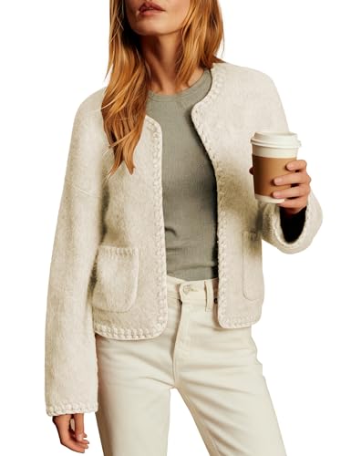 Ziqoty Womens Knit Cardigan Braided Sweaters Trim Open Front Sweater with Pockets Oversized Casual Outerwear Fall Winter(Apricot-M) — view 2