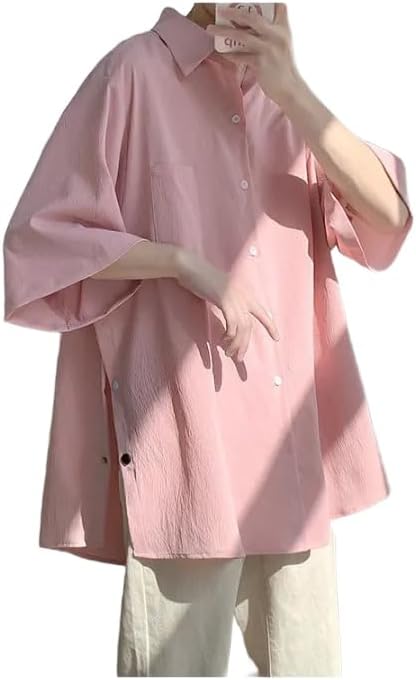 （06:00時点） [Yeecan] シャツ メンズ 夏服 半袖シャツ 七分袖 無地 お洒落 トップス 軽い 通気 柔らかい 人気 服-pink-2XL