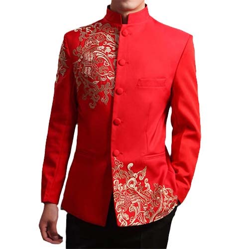 Aoleaky Chinese Style Wedding Jacket Men Embroidery Pattern Tang Tunic Suit Mandarin Stand Collar Red/White