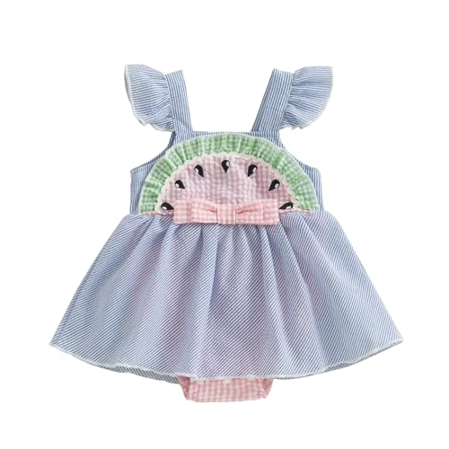 Image of FIOMVA Baby Girl Summer Clothes Infant Stripe Watermelon Romper Dress Newborn Sleeveless Tutu Dresses Toddler Cute Outfit (A Stripe Watermelon Blue, 3-6 Months)