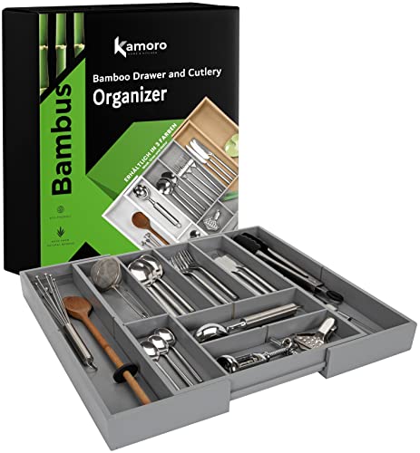 Range couverts pour tiroir en bambou - Rangement couvert avec 5 séparateurs amovibles [6 à 13 compartiments] - Range couvert avec picots antidérapants et longueur de 34 à 50 cm (Gris) Cover