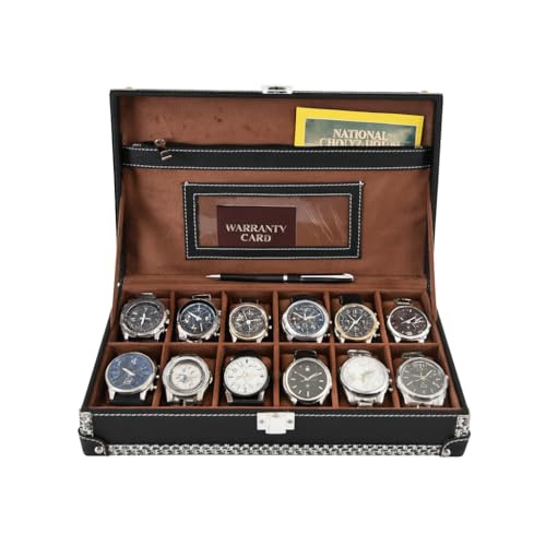 Image of BOXXO 12 Slot Watch Organizer Box for Men & Women - Premium PU Leather Watch Case with Black & Brown Finish, Soft Velvet Cushions & Glass Lid Display, Elegant Storage Box (34x20x8 cm) (Black /Brown)