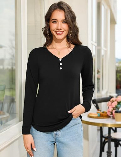 Terecey Camiseta Mujer Manga Larga Camiseta Basica de Algodón Cuello V Cómodo y Moderno Top Casual Elástico para Diario y Oficina