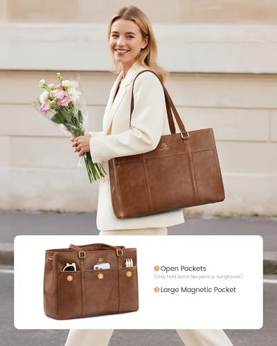 Image of LOVEVOOK Lunch Bag for Women, Leather Work Laptop Tote Bag with Insulated Lunch Compartment&Cup Holder, 15.6 Inch 2 in 1 Lunch Tote for Business, Teacher, Nurse, Office, College, Casual