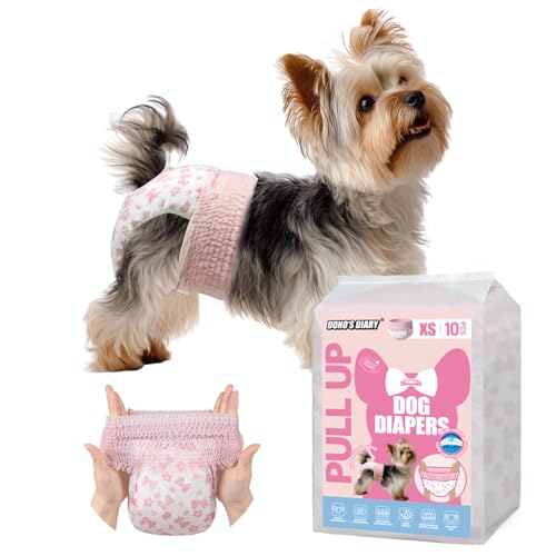 Image of Dono Disposable Pull It Up Female Dog Diapers, 360 Stretchy Waist Puppy Diapers, Super-Absorbent Doggie Diapers with Rapid-Dry Technology Leak-Proof Design for Doggy in Heat Period, XS 10 Pcs