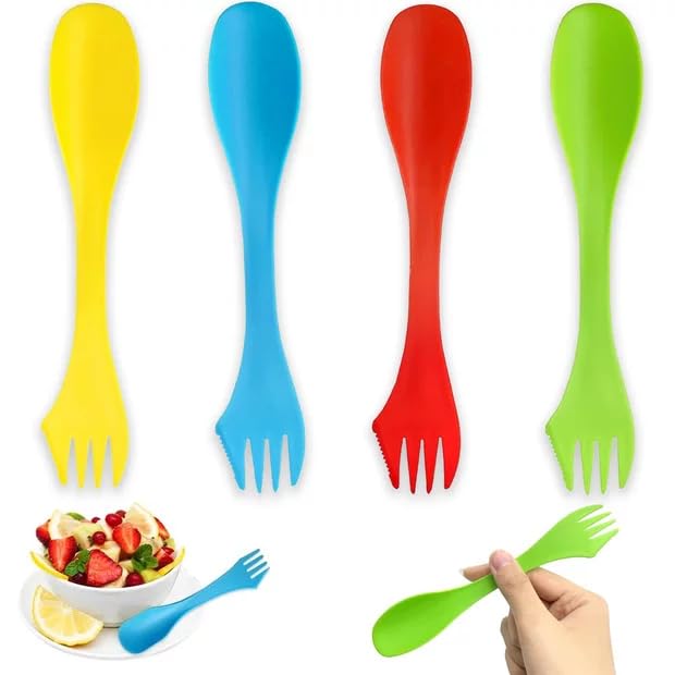 quyueug Set de Couverts Camping Triple Fonction 4 Pièces (Bleu/Rouge/Vert/Jaune) - Couvert Plastique Réutilisable, Spork pour Pique-Nique et Voyage​