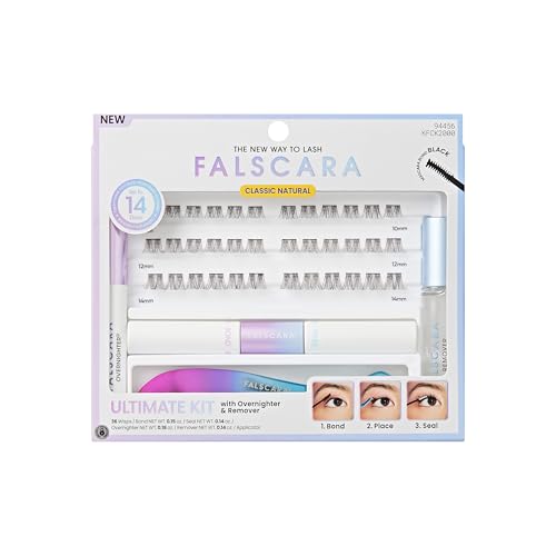 Falscara All-Inclusive Classic Natural Black Lash Clusters Kit 36 At-Home Lash Extensions with Bond Seal Overnighter Remover & Applicator 10-14mm Lightweight Microband Wisps Up to 14 Days Wear