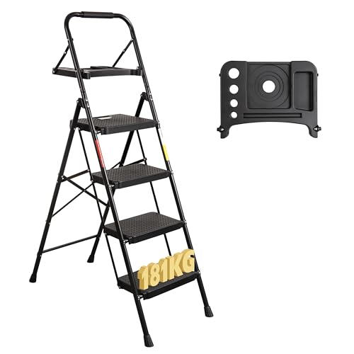 BONTEC Escaleras Plegables de 4 Escalones, Capacidad de 181KG con Pedales Antideslizantes Anchos, Taburete de Mano de Acero, Manubrio de Esponja, Uso en Interiores y Exteriores, Negro