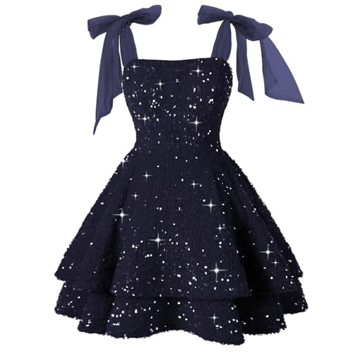 Miao Duo Sparkly Sequin Short Homecoming Dresses 2025 Spaghetti Strap Puffy A Line Cocktail Party Dress with Bow YZTS209
