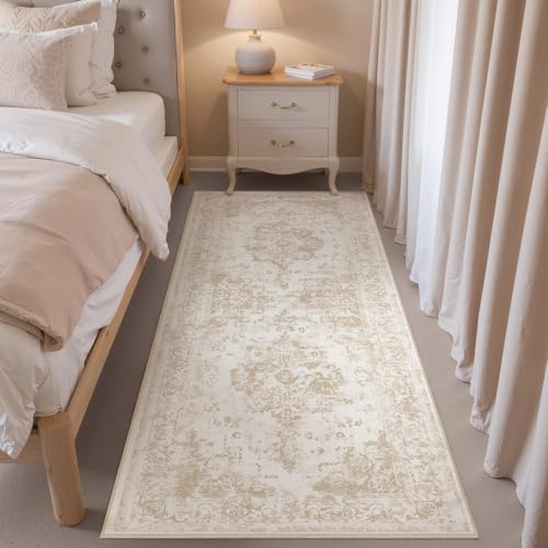2x8 Washable Neutral Runner Rug Beige Vintage Hallway Kitchen Carpet Non-Slip Soft Low Pile Floral Throw Rug for Bedroom Bathroom Laundry Living Room 2' x 8' (Runner) Beige