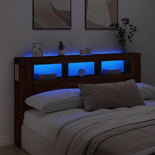 Capwee Tête de Lit 180 Avec Rangement et LED - Pour Adulte, en Bois-Chêne Marron, 180 x 103.5 cm