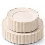 By Madee HEAVYWEIGHT Plastic Plates for Party | 60 Pc Ivory Scalloped Plates with Gold Trim | Fancy Disposable Plates for Weddings, Bridal Showers & Events | 30 Dinner & 30 Dessert