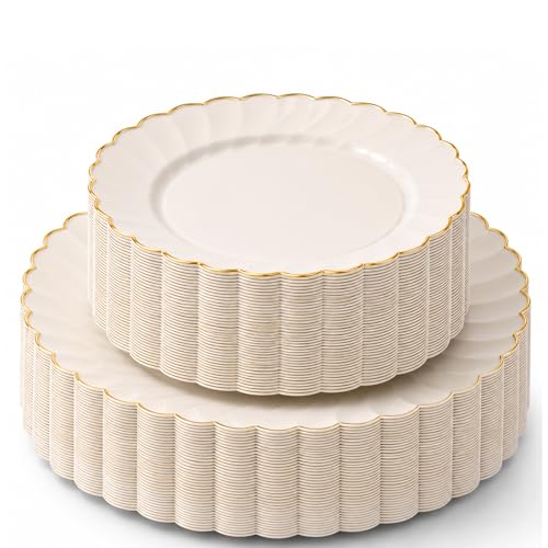 By Madee HEAVYWEIGHT Plastic Plates for Party | 60 Pc Ivory Scalloped Plates with Gold Trim | Fancy Disposable Plates for Weddings, Bridal Showers & Events | 30 Dinner & 30 Dessert