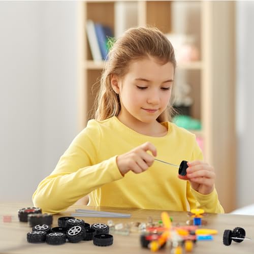 Sntieecr 50PCS Plastic Toy Wheels, 34mm Black Model Car Wheels with 25PCS Shaft Rods, Plastic Roll 100mm STEM Round Rod Axles for RC Model Toy Cars Helicopter Projects