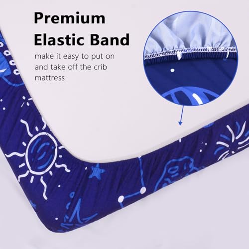 Image of Baby Fitted Crib Sheet Soft Microfiber 52 inch x 28 inch Crib Mattress Sheet for Boys Girls Breathable Baby Bedding with Space Design Blue