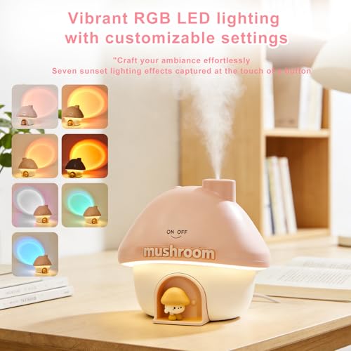 Mushroom House Humidifiers, Rechargeable Desktop Silent Air Humidifier with Night Light, USB Portable Cute Mist Humidifiers with Rainbow Gradient Lighting for Home, Office, Car, and Travel (Pink)