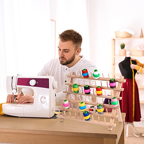 Image of Yookeer 60 Spools Wooden Thread Rack and 48 Pcs Thread Spools Savers /Spool Huggers with Hanging Hooks for Sewing Quilting Embroidery Machine Needlecraft Supplies(Wood)