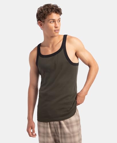 Image of Jockey US27 Men's Super Combed Cotton Rib Square Neck Gym Vest (Shoulder Strap Color May Vary) Olive & Black XL