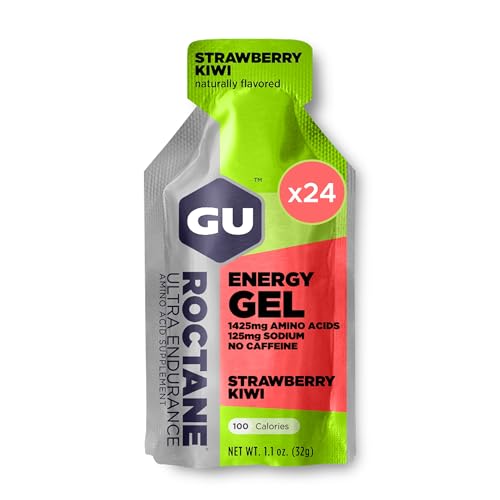 Image of GU Energy Roctane Ultra Endurance Energy Gel, Vegan, Gluten-Free, Kosher, and Dairy-Free On-The-Go Sports Nutrition for Running, Biking, Hiking or Skiing, Strawberry Kiwi (24 Packets)