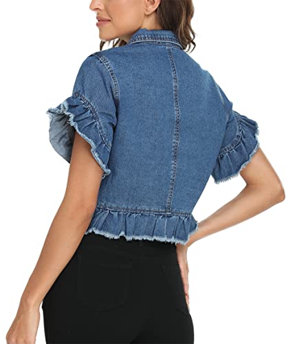 MISS MOLY Women's Denim Jacket Ruffle Sleeve Button Down Distressed Summer Cropped Jean Jackets3