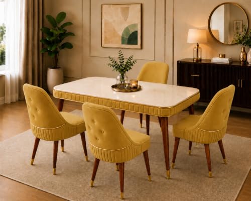Image of WOODEN SPACE Majestic 4 Seater Wooden Dining Table Set | Urban Marble Top Dining Table with Chairs for Dining Room & Kitchen (Yellow Modern Grand Aura) (54 x 36 x 30 inch)