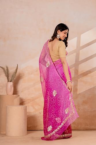 Image of Women's Ombre Net Saree with Gold Sequin Embellishments | Festive Saree for Women | Wedding, Reception and Evening Function Ethnic Wear | Pink