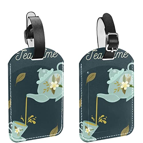 Traditional Chinese Teapot Teacup Luggage Tags 2 Pack Pu Leather Luggage Tags Privacy Protection #TOP12