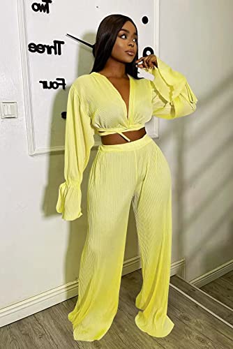 Ekaliy Women Casual 2 Piece Outfits Long Sleeve Lace Up Crop Top Wide Leg Pants Set Pleated Sweatsuits Yellow S #TOP3