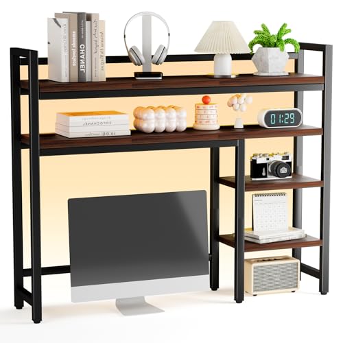 2 Layers Desk Hutch with Colorful RGB Lights, 38.8'W x 37.8'H Desktop Shelf Bookshelf for Computer Monitor Max 28', 5 Tier Wooden Desk Organizer Shelf for Home, Office, Dorm, Kitchen, Gaming Tabletop